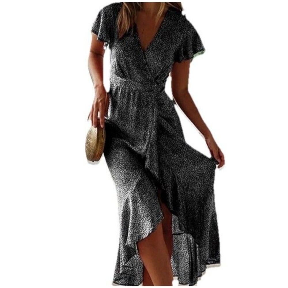 Zesica Women's L Maxi Dress Bohemian Floral Wrap V Neck Short Sleeve Hi Low
